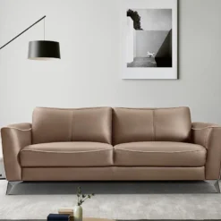 Canapé 3 Places En Cuir Marron Et Passepoil Beige BATUCO