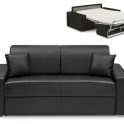 Canapé 3 Places Convertible Express En Simili EMIR - Noir - Couchage à Lattes Larges 140 Cm - Matelas 14 Cm