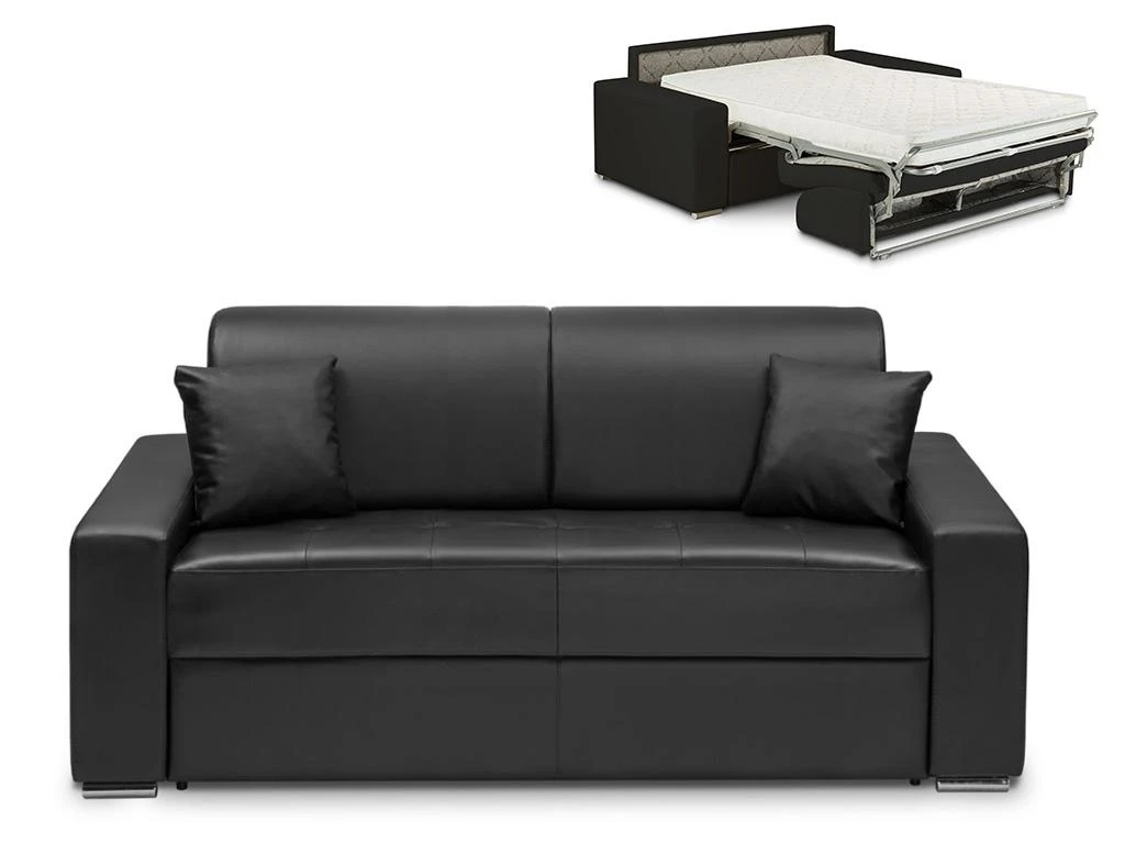 Canapé 3 Places Convertible Express En Simili EMIR - Noir - Couchage à Lattes Larges 140 Cm - Matelas 14 Cm 1 Canapé 3 Places Convertible Express En Simili EMIR - Noir - Couchage à Lattes Larges 140 Cm - Matelas 14 Cm