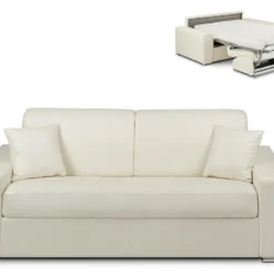 Canapé 3 Places Convertible Express En Simili EMIR - Blanc - Couchage à Lattes Larges 140 Cm - Matelas 14 Cm