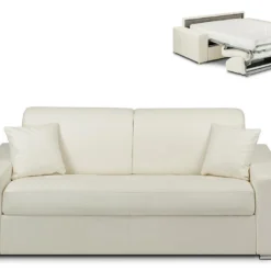 Canapé 3 Places Convertible Express En Simili EMIR - Blanc - Couchage à Lattes Larges 140 Cm - Matelas 18 Cm