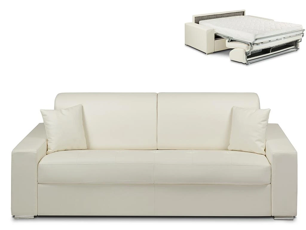 Canapé 4 Places Convertible Express En Simili EMIR - Blanc - Couchage à Lattes Larges 160 Cm - Matelas 18 Cm 1 Canapé 4 Places Convertible Express En Simili EMIR - Blanc - Couchage à Lattes Larges 160 Cm - Matelas 18 Cm