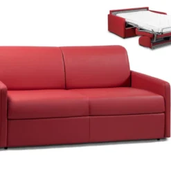 Canapé 3 Places Convertible Express En Simili CALIFE - Rouge - Couchage à Lattes Larges 140 Cm - Matelas 14 Cm