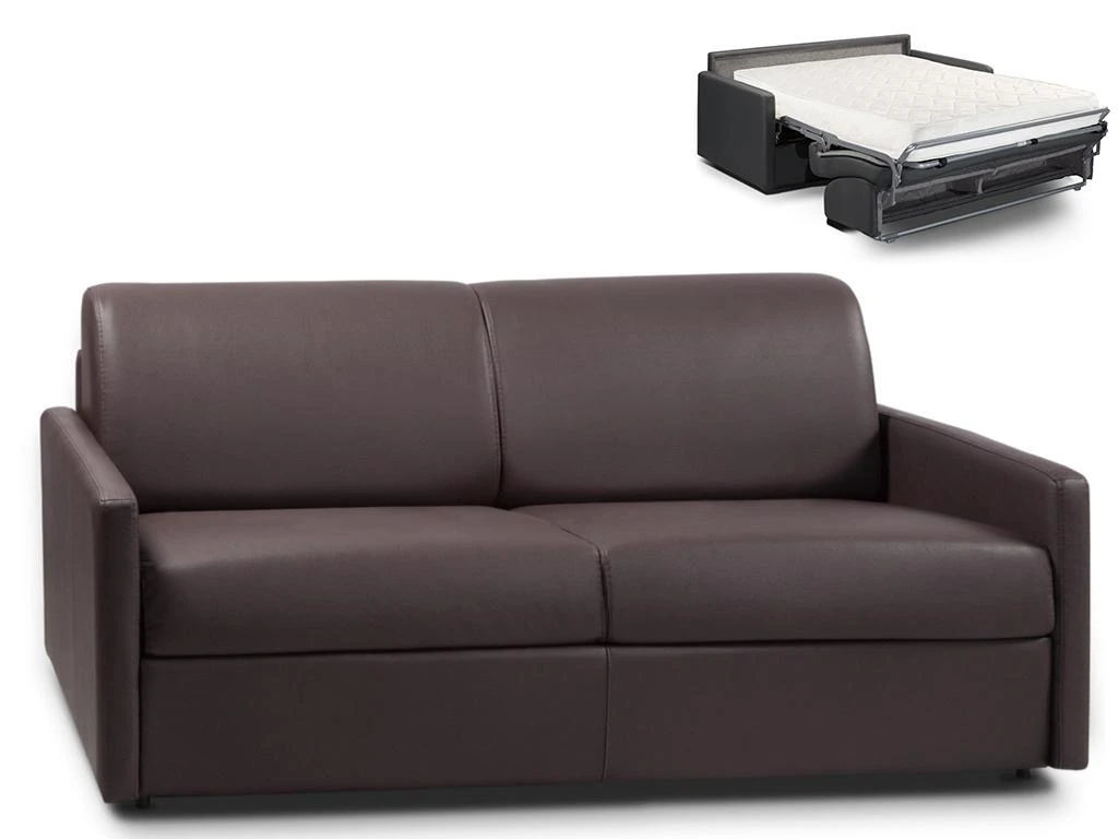 Canapé 3 Places Convertible Express En Simili CALIFE - Marron - Couchage à Lattes Larges 140 Cm - Matelas 18 Cm 1 Canapé 3 Places Convertible Express En Simili CALIFE - Marron - Couchage à Lattes Larges 140 Cm - Matelas 18 Cm