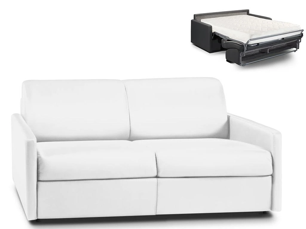 Canapé 3 Places Convertible Express En Simili CALIFE - Blanc - Couchage à Lattes Larges 140 Cm - Matelas 18 Cm 1 Canapé 3 Places Convertible Express En Simili CALIFE - Blanc - Couchage à Lattes Larges 140 Cm - Matelas 18 Cm