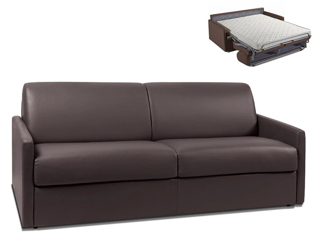 Canapé 4 Places Convertible Express En Simili CALIFE - Marron - Couchage à Lattes Larges 160 Cm - Matelas 14 Cm 1 Canapé 4 Places Convertible Express En Simili CALIFE - Marron - Couchage à Lattes Larges 160 Cm - Matelas 14 Cm