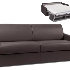 Canapé 4 Places Convertible Express En Simili CALIFE - Marron - Couchage à Lattes Larges 160 Cm - Matelas 18 Cm