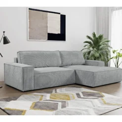 Canapé D'angle Convertible En Velours Côtelé Gris Clair AMELIA De Pascal Morabito - Angle Droit