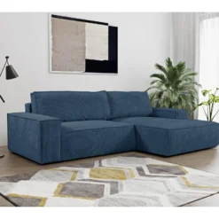 Canapé D'angle Convertible En Velours Côtelé Bleu Marine AMELIA De Pascal Morabito - Angle Droit
