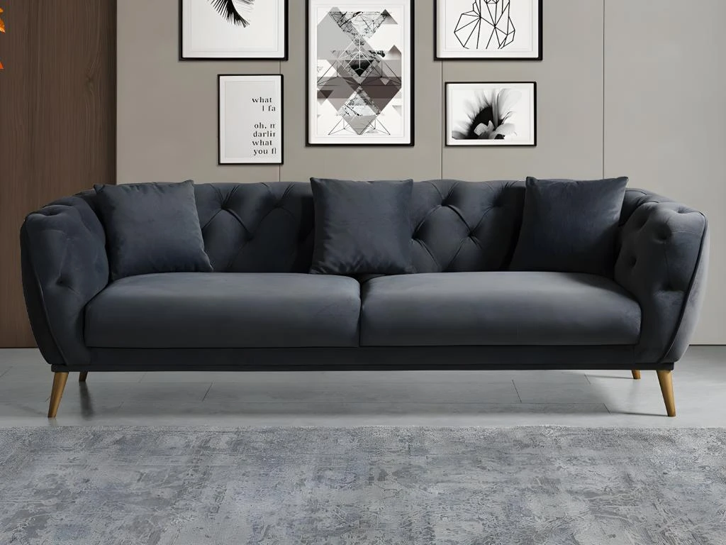 Canapé 3 Places En Velours Anthracite DEFNE 2 Canapé 3 Places En Velours Anthracite DEFNE – Image 2