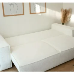 Canapé Convertible 3 Places Avec Coffre De Rangement En Tissu Bouclette écru - Harper -Promos Chesteris Boutique canape 8911185