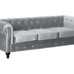 Canapé Fixe Chesterfield Velours "Aliza" - 208 X 82 X 70 Cm - 3 Places - Gris