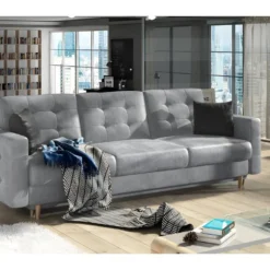 Canapé 3 Places Convertible - En Tissu Velours De Qualité Gris, ASVENA VELOURS