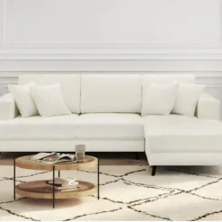 Canapé D'angle à Droite Convertible 4 Places En Tissu Bouclette écru - Marceau