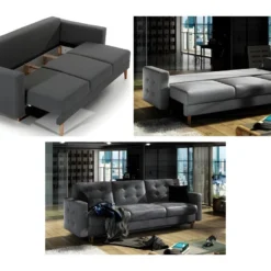 Canapé 3 Places Convertible - En Tissu De Qualité, Gris Foncé, ASVENA VELOURS -Promos Chesteris Boutique canape 9168677