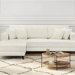 Canapé D'angle à Gauche Convertible 4 Places En Tissu Bouclette écru - Marceau