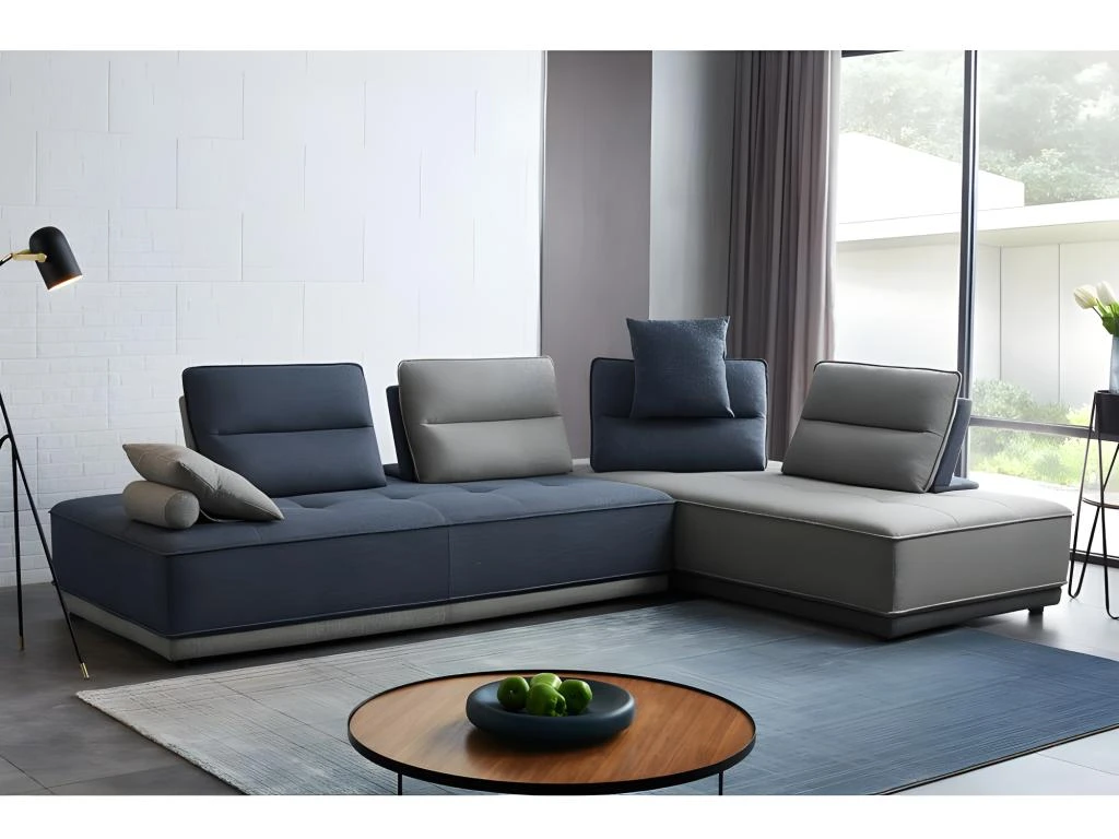 Canapé D'angle Modulable Tissu Gris Et Bleu - LOUNGE 1 Canapé D'angle Modulable Tissu Gris Et Bleu - LOUNGE