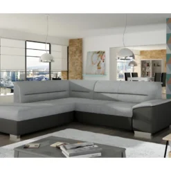 Canapé D'angle Convertible En Tissu Luxe Gris Et Simili Cuir Noir, 5 Places, Avec Coffre, Angle Gauche (vu De Face) - VERTU MIX