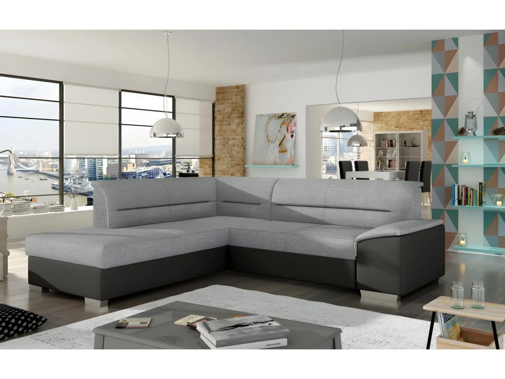 Canapé D'angle Convertible En Tissu Luxe Gris Et Simili Cuir Noir, 5 Places, Avec Coffre, Angle Gauche (vu De Face) - VERTU MIX 1 Canapé D'angle Convertible En Tissu Luxe Gris Et Simili Cuir Noir, 5 Places, Avec Coffre, Angle Gauche (vu De Face) - VERTU MIX