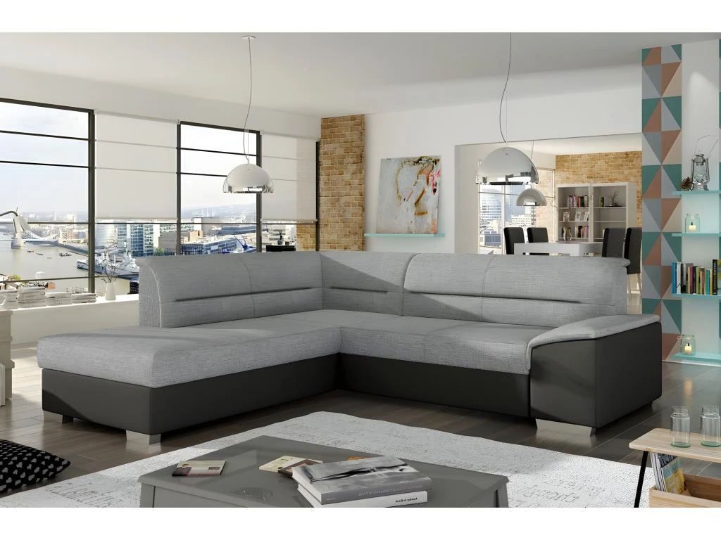 Canapé D'angle Convertible En Tissu Luxe Gris Et Simili Cuir Noir, 5 Places, Avec Coffre, Angle Gauche (vu De Face) - VERTU MIX 2 Canapé D'angle Convertible En Tissu Luxe Gris Et Simili Cuir Noir, 5 Places, Avec Coffre, Angle Gauche (vu De Face) - VERTU MIX – Image 2