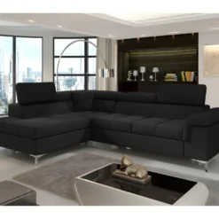 Canapé D'angle Convertible - ERNEST - En Tissu Luxe 5 Places, Noir, Angle Gauche (vu De Face)