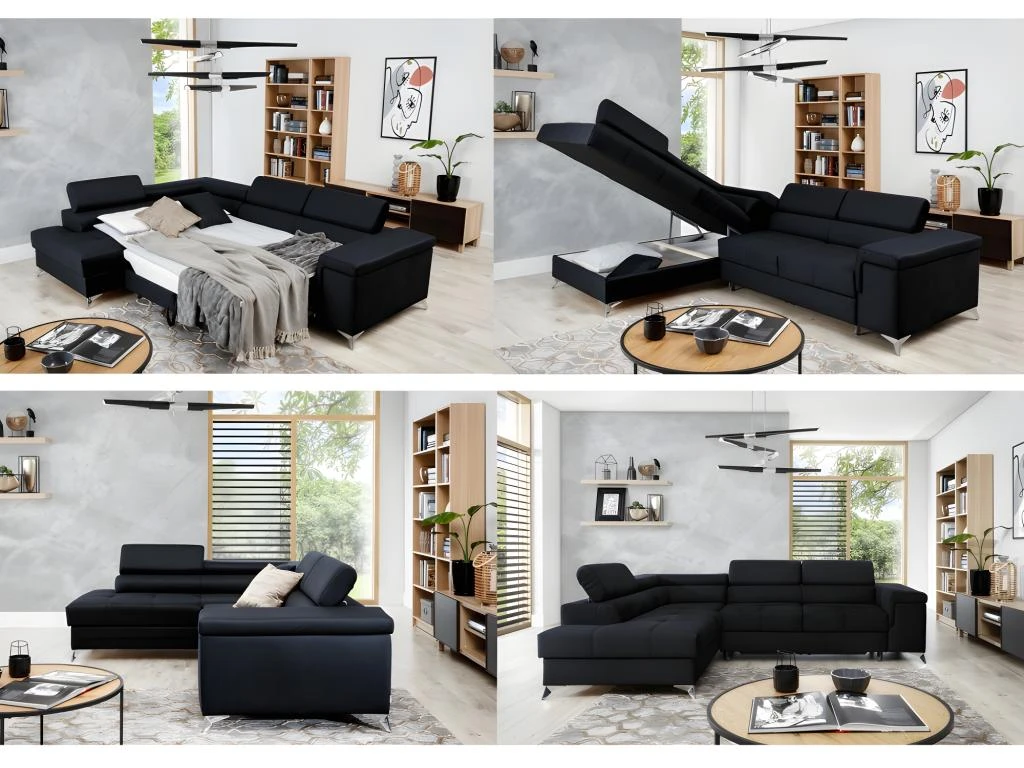 Canapé D'angle Convertible - ERNEST - En Tissu Luxe 5 Places, Noir, Angle Gauche (vu De Face) 3 Canapé D'angle Convertible - ERNEST - En Tissu Luxe 5 Places, Noir, Angle Gauche (vu De Face) – Image 3