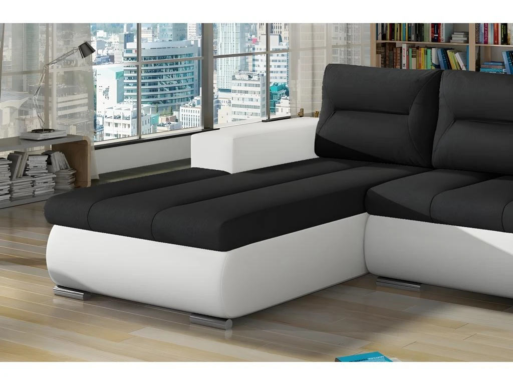 Canapé D'angle Convertible En Tissu Luxe Noir Et Simili Cuir Blanc, 5 Places, Angle Gauche (vu De Face) - OTELLO 2 Canapé D'angle Convertible En Tissu Luxe Noir Et Simili Cuir Blanc, 5 Places, Angle Gauche (vu De Face) - OTELLO – Image 2