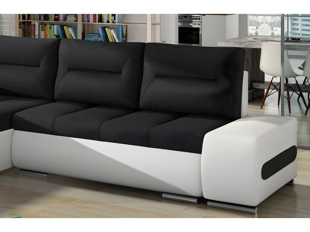 Canapé D'angle Convertible En Tissu Luxe Noir Et Simili Cuir Blanc, 5 Places, Angle Gauche (vu De Face) - OTELLO 3 Canapé D'angle Convertible En Tissu Luxe Noir Et Simili Cuir Blanc, 5 Places, Angle Gauche (vu De Face) - OTELLO – Image 3