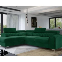 Canapé D'angle Convertible - LARRY VELOURS - En Tissu Luxe Vert, 5 Places, Angle Gauche (vu De Face)