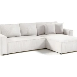 Canapé D'angle Réversible Et Convertible 4 Places Avec Coffre Isaac Velours Côtelé Blanc Cassé