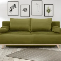 Canapé Convertible 3 Places Avec Coffre De Rangement En Velours Vert Olive - Laria