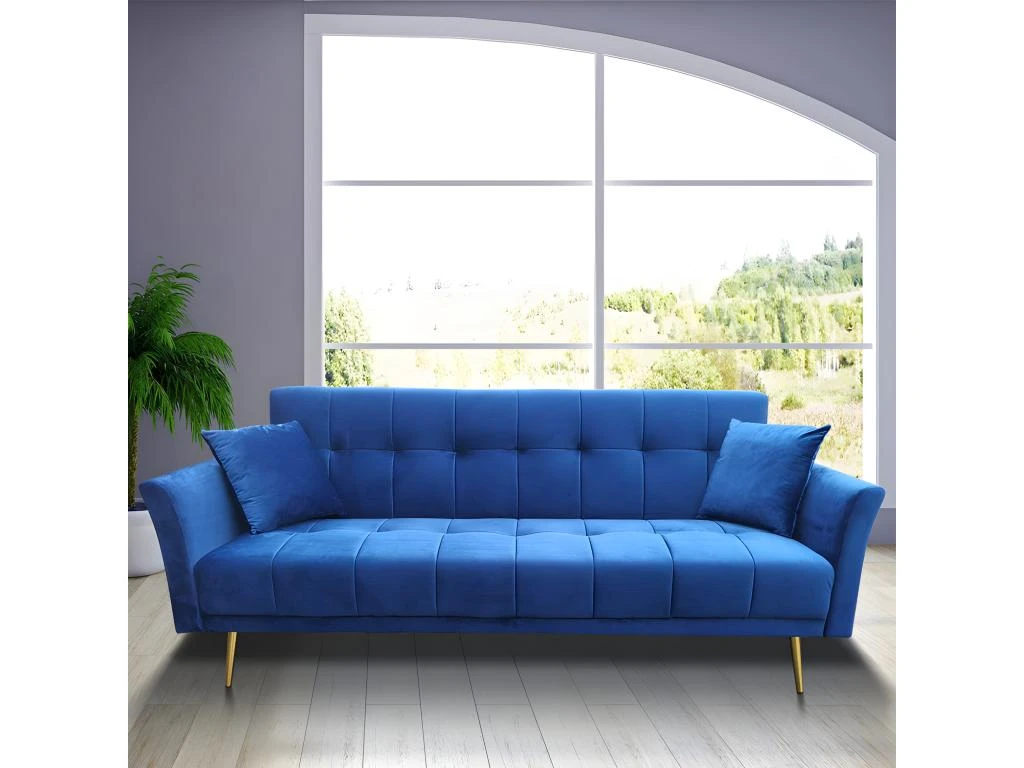 Canapé 3 Places Convertible En Velours Bleu Et Pieds Doré - RALPH 1 Canapé 3 Places Convertible En Velours Bleu Et Pieds Doré - RALPH