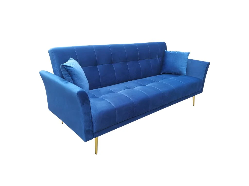Canapé 3 Places Convertible En Velours Bleu Et Pieds Doré - RALPH 2 Canapé 3 Places Convertible En Velours Bleu Et Pieds Doré - RALPH – Image 2