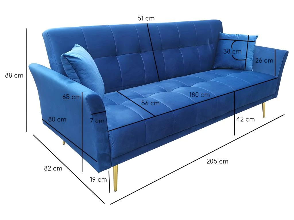 Canapé 3 Places Convertible En Velours Bleu Et Pieds Doré - RALPH 3 Canapé 3 Places Convertible En Velours Bleu Et Pieds Doré - RALPH – Image 3