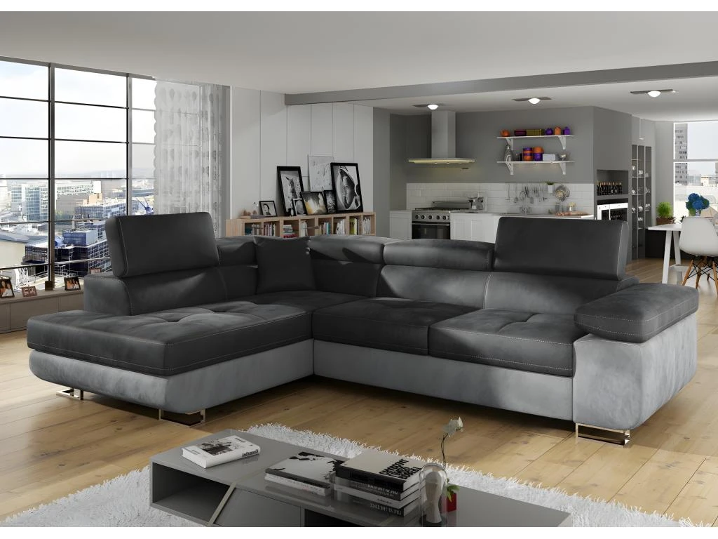 Canapé D'angle Convertible En Tissu Luxe 5 Places, Avec Coffre, Gris Foncé / Gris Clair, Angle Gauche (vu De Face), ANNECY VELOURS 1 Canapé D'angle Convertible En Tissu Luxe 5 Places, Avec Coffre, Gris Foncé / Gris Clair, Angle Gauche (vu De Face), ANNECY VELOURS