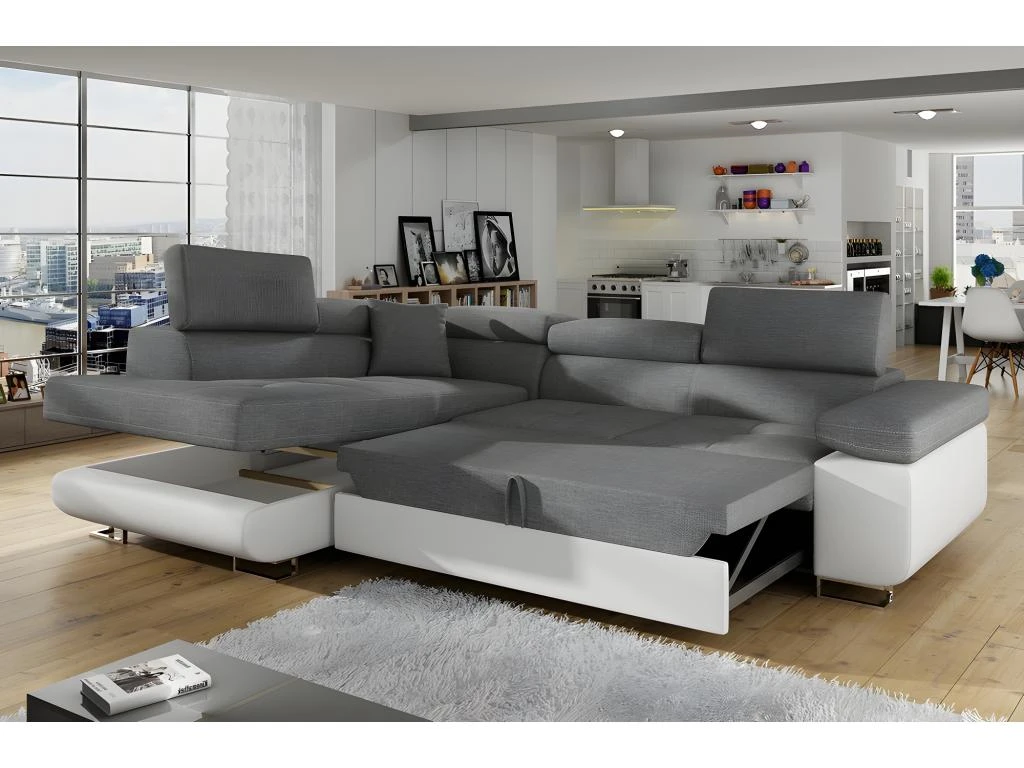 Canapé D'angle Convertible En Tissu Luxe 5 Places, Avec Coffre, Gris Foncé / Gris Clair, Angle Gauche (vu De Face), ANNECY VELOURS 4 Canapé D'angle Convertible En Tissu Luxe 5 Places, Avec Coffre, Gris Foncé / Gris Clair, Angle Gauche (vu De Face), ANNECY VELOURS – Image 4