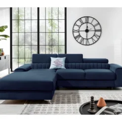 Canapé D'angle Convertible En Tissu Velours Luxe Bleu, 5 Places, Angle Gauche (vu De Face) - GRECE VELOURS