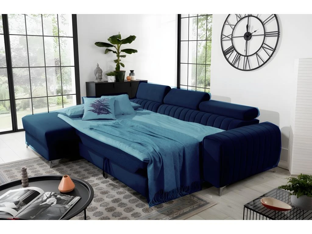 Canapé D'angle Convertible En Tissu Velours Luxe Bleu, 5 Places, Angle Gauche (vu De Face) - GRECE VELOURS 2 Canapé D'angle Convertible En Tissu Velours Luxe Bleu, 5 Places, Angle Gauche (vu De Face) - GRECE VELOURS – Image 2