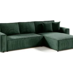 Canapé D'angle Réversible Et Convertible 4 Places Avec Coffre Isaac Velours Côtelé Vert Sapin