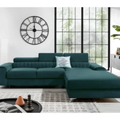 Canapé D'angle Convertible En Tissu Velours Luxe Vert, 5 Places, Angle Droit (vu De Face) - GRECE VELOURS