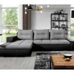 Canapé D'angle Convertible En Tissu Luxe Gris Et Simili Cuir Noir, 5 Places, Angle Gauche (vu De Face) - OTELLO