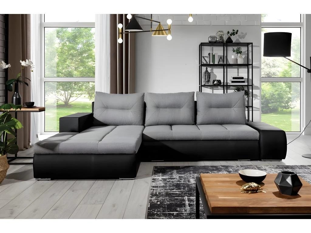Canapé D'angle Convertible En Tissu Luxe Gris Et Simili Cuir Noir, 5 Places, Angle Gauche (vu De Face) - OTELLO 1 Canapé D'angle Convertible En Tissu Luxe Gris Et Simili Cuir Noir, 5 Places, Angle Gauche (vu De Face) - OTELLO