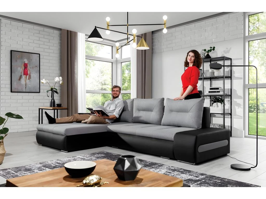 Canapé D'angle Convertible En Tissu Luxe Gris Et Simili Cuir Noir, 5 Places, Angle Gauche (vu De Face) - OTELLO 2 Canapé D'angle Convertible En Tissu Luxe Gris Et Simili Cuir Noir, 5 Places, Angle Gauche (vu De Face) - OTELLO – Image 2