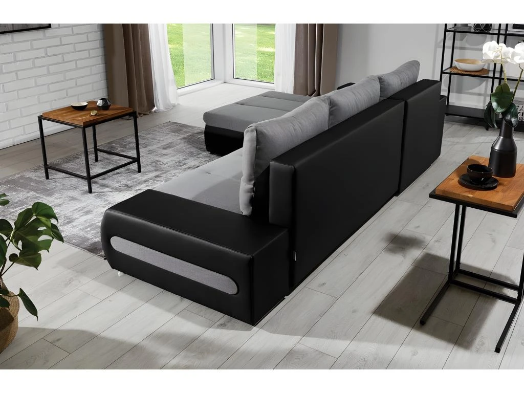 Canapé D'angle Convertible En Tissu Luxe Gris Et Simili Cuir Noir, 5 Places, Angle Gauche (vu De Face) - OTELLO 4 Canapé D'angle Convertible En Tissu Luxe Gris Et Simili Cuir Noir, 5 Places, Angle Gauche (vu De Face) - OTELLO – Image 4