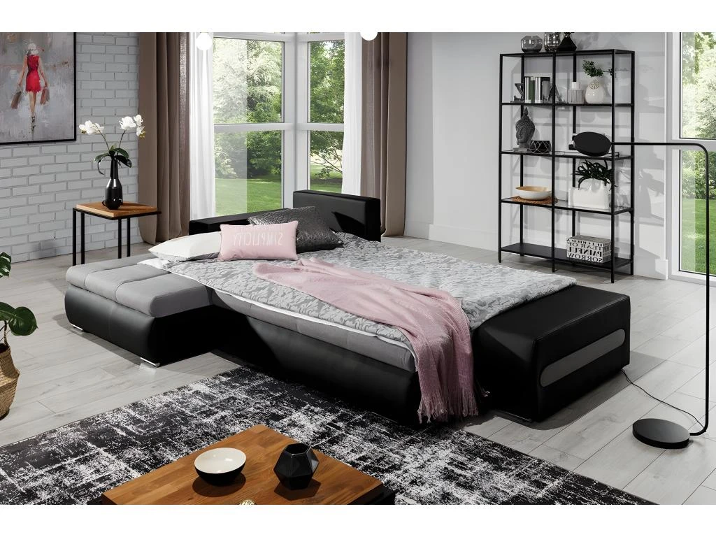 Canapé D'angle Convertible En Tissu Luxe Gris Et Simili Cuir Noir, 5 Places, Angle Gauche (vu De Face) - OTELLO 5 Canapé D'angle Convertible En Tissu Luxe Gris Et Simili Cuir Noir, 5 Places, Angle Gauche (vu De Face) - OTELLO – Image 5