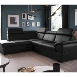 Canapé D'angle Convertible En Cuir Italien De Luxe 5/6 Places TONY, Avec Coffre, Noir, Angle Gauche