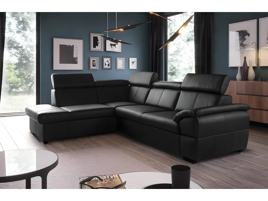 Canapé D'angle Convertible En Cuir Italien De Luxe 5/6 Places TONY, Avec Coffre, Noir, Angle Gauche 1 Canapé D'angle Convertible En Cuir Italien De Luxe 5/6 Places TONY, Avec Coffre, Noir, Angle Gauche