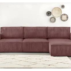 Canapé D'angle Convertible Réversible 5 Places Avec Coffre De Rangement En Velours Côtelé Vieux Rose - Harper