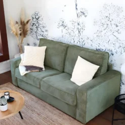 Canapé Convertible 3 Places En Velours Fines Côtes Vert - Ouverture Express - Couchage Quotidien - Matelas HD 140 X 190 - Mattia -Promos Chesteris Boutique canape 9482387