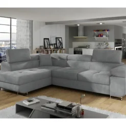 Canapé D'angle Convertible En Tissu Luxe 5 Places, Avec Coffre, Gris Clair, Angle Gauche (vu De Face), ANNECY VELOURS